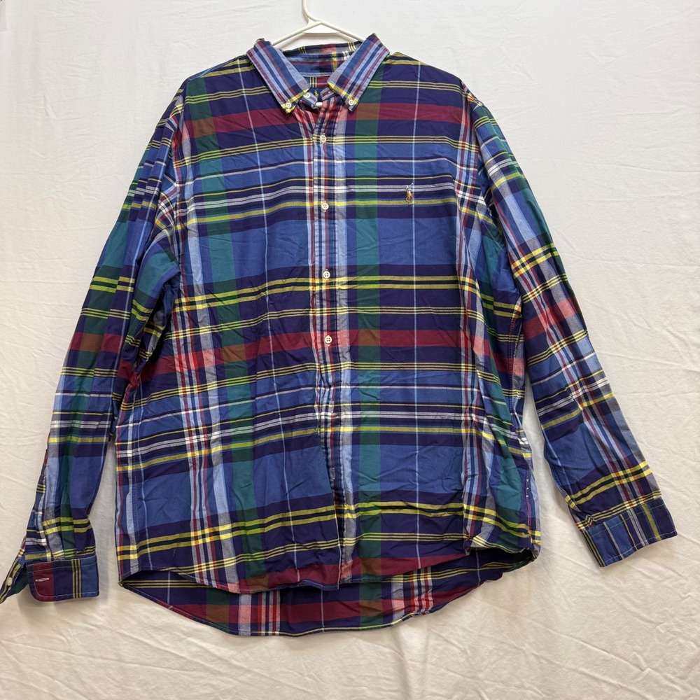 Ralph Lauren Mens XXL Classic Fit Plaid Button Down Shirt Blue Red Multi Cotton